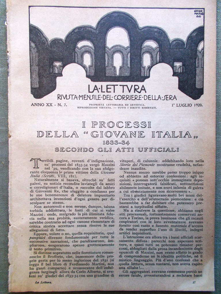 La Lettura del Luglio 1920 Giovane Italia Copenaghen Miracolo San …