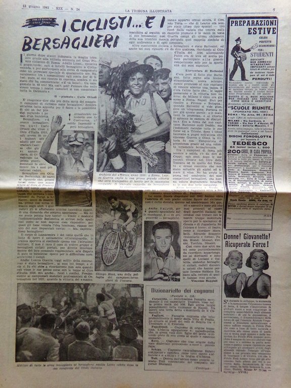 La Tribuna Illustrata 15 Giugno 1941 WW2 Bersaglieri Ciclisti Mario …