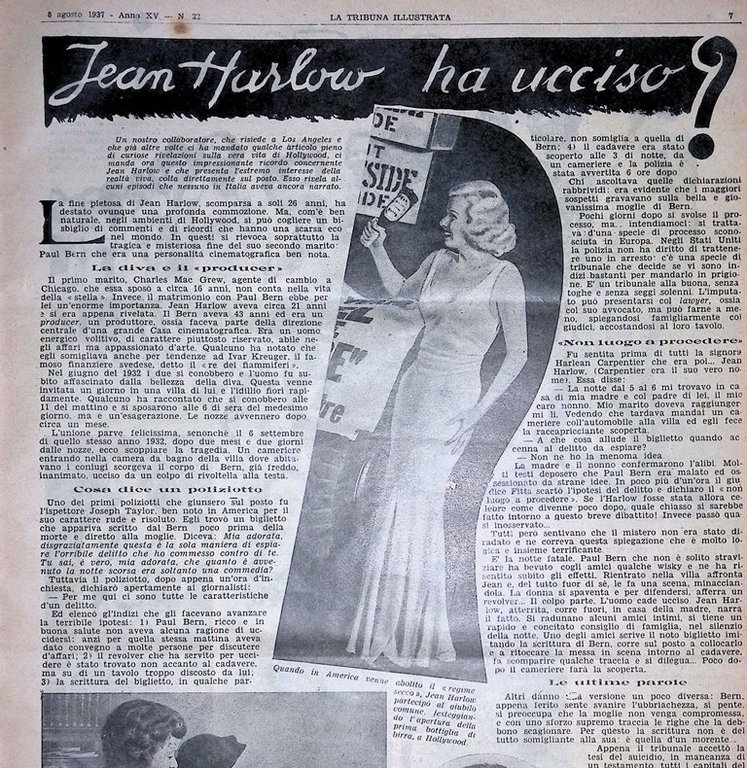 La Tribuna Illustrata 8 Agosto 1937 Jean Harlow Costumi Vigilanza …