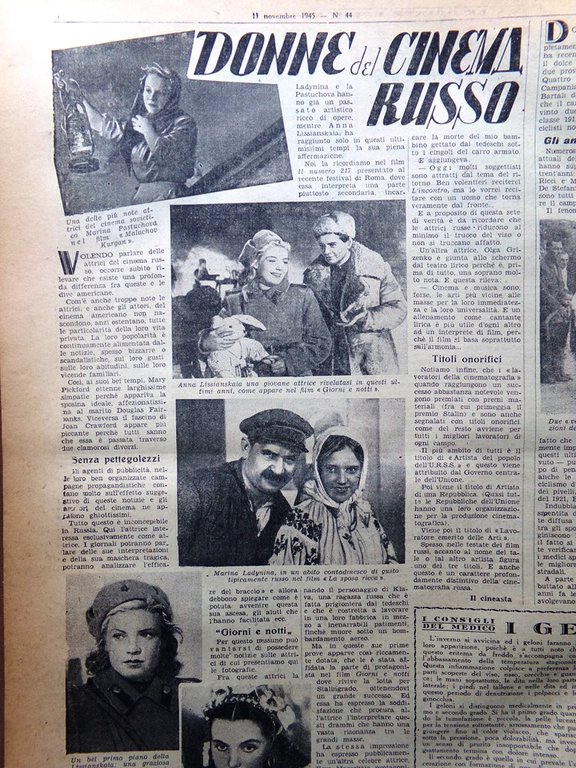 La Tribuna Italia Illustrata 11 Novembre 1945 Gallup Donne Cinema …