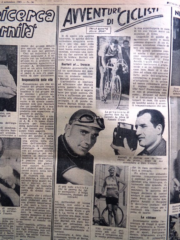 La Tribuna Italia Illustrata 2 Settembre 1945 WW2 Bartali Coppi …