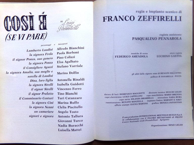 Libro Spettacolo di Franco Zeffirelli Luigi Pirandello Borboni Gramatica Teatro
