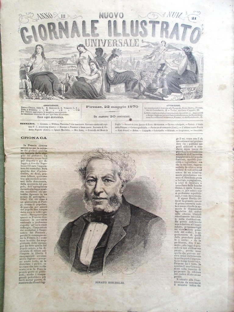 Nuovo Giornale Illustrato Universale 22 Maggio 1870 Morte Moscheles Lucera …
