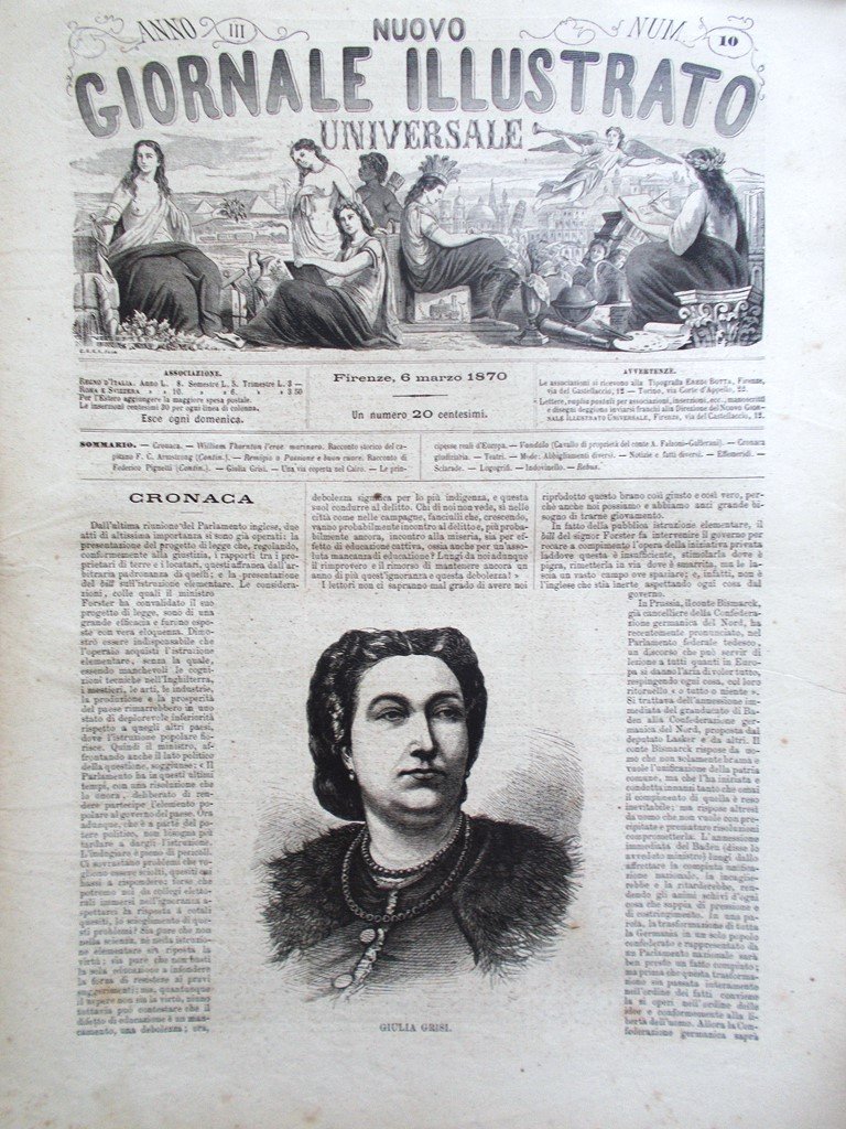 Nuovo Giornale Illustrato Universale 6 Marzo 1870 Giulia Grisi Cairo …