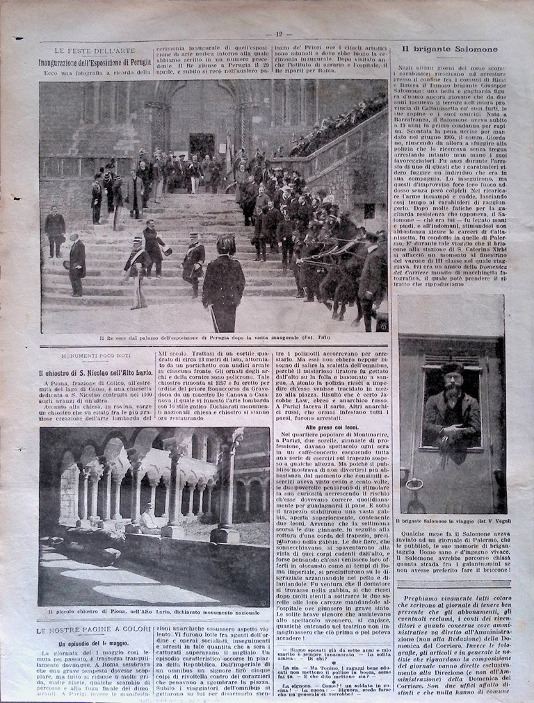 Pagina del 1907 Esposizione di Perugia Brigante Salomone Chiostro Piona …