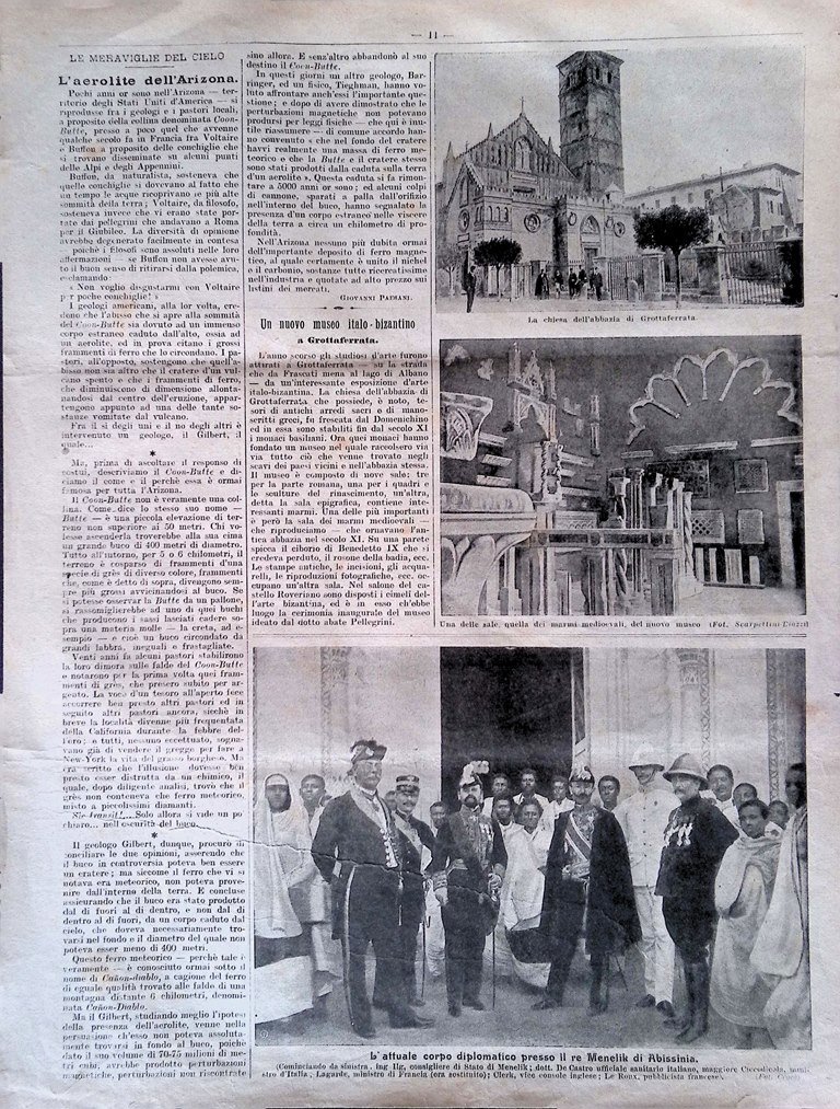 Pagina del 1907 Museo Grottaferrata Menelik Abissinia Aerolite Arizona Ghiaccio