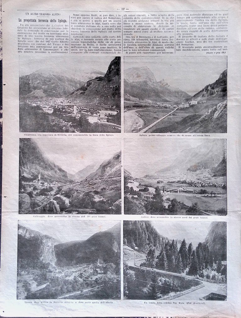 Pagina del 1907 Traforo Alpino Ferrovia dello Spluga Thusis Andeer …