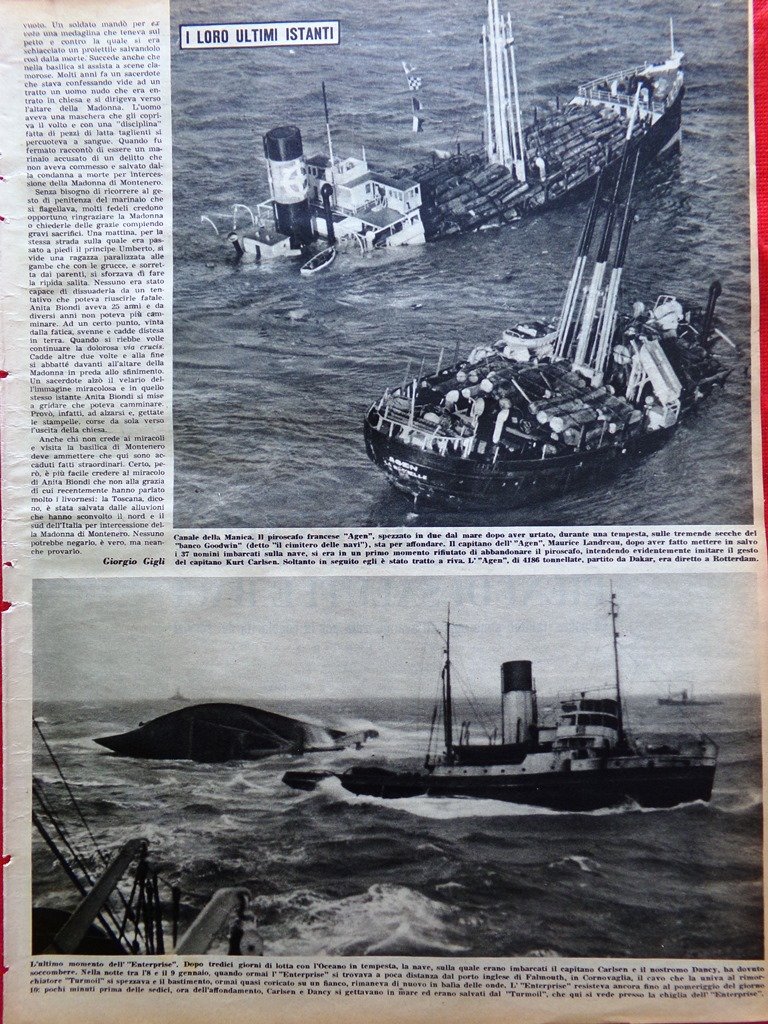 Pagina del 1952 Affondamento Piroscafo Francese Agen Enterprise Tempesta