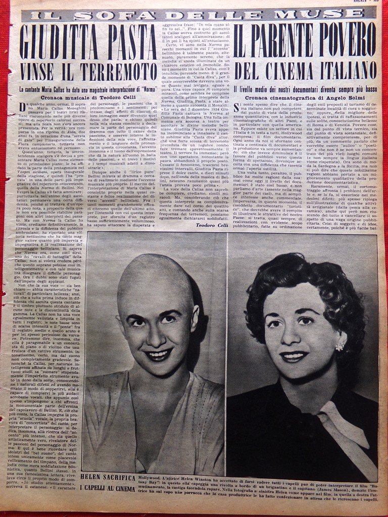 Pagina del 1952 Helen Winston Giuditta Pasta Callas Eva Magni …