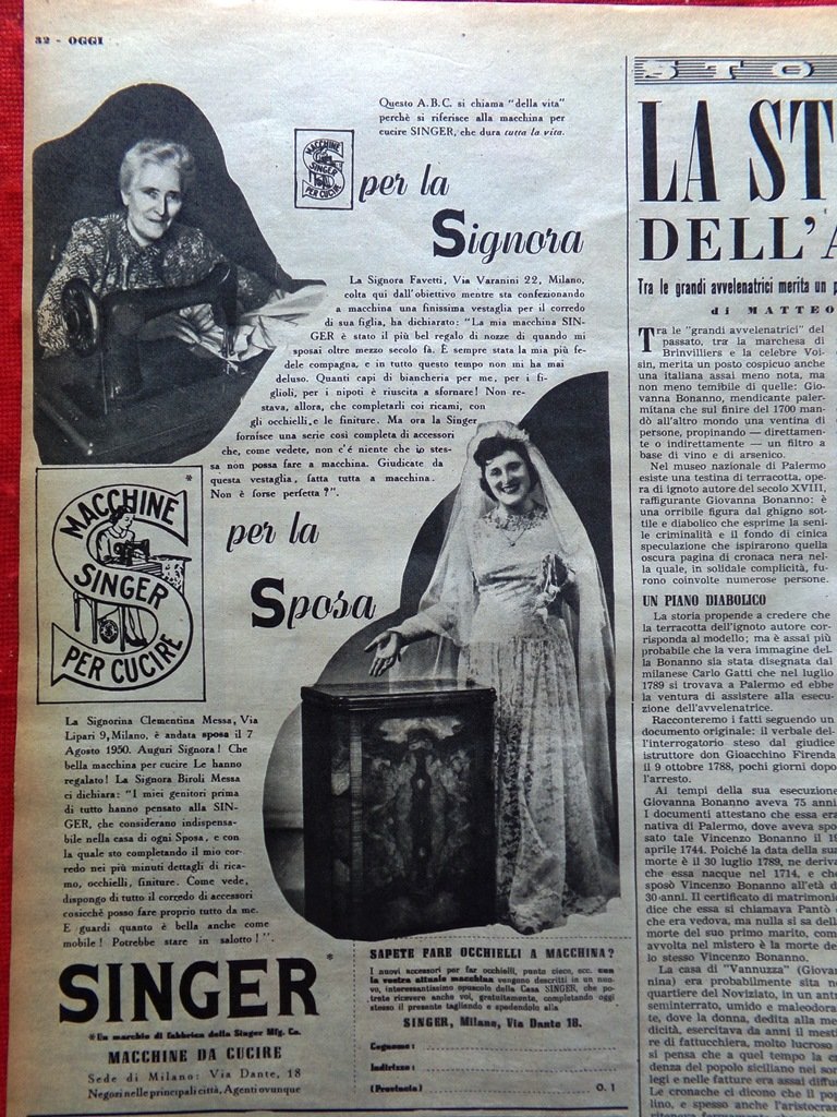 Pagina del 1952 Strega Aceto Bonanno Pubblicità Singer Metano Carbone …