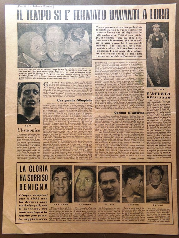 Pagina del 1953 Mare Livorno Coppi Zatopek Colò Marciano Ascari …