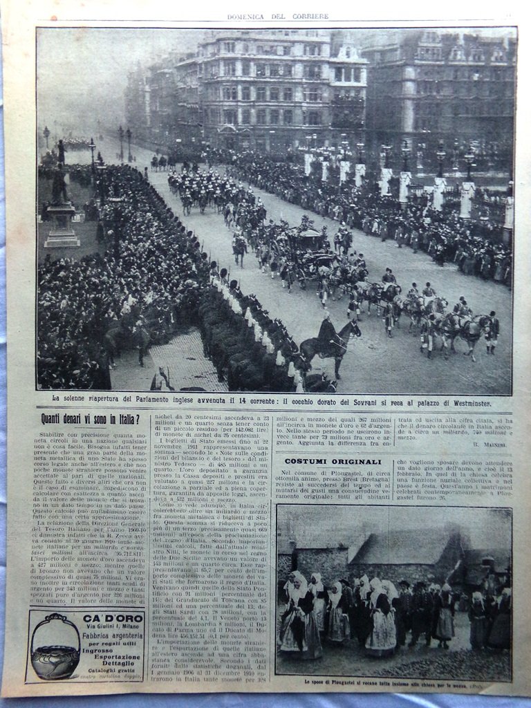 Pagine del 1912 Costumi Plougastel Riapertura Parlamento Inglese Denari Italia
