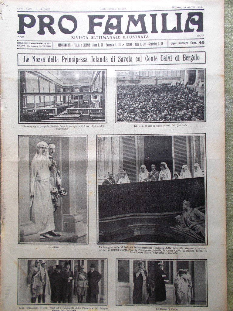 Pro Familia del 22 Aprile 1923 Nozze Jolanda Savoia Querce …