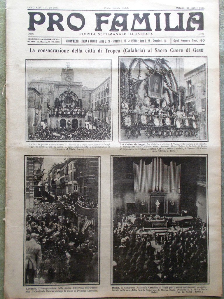 Pro Familia del 29 Luglio 1923 Tropea Pascal Mussolini Manzoni …
