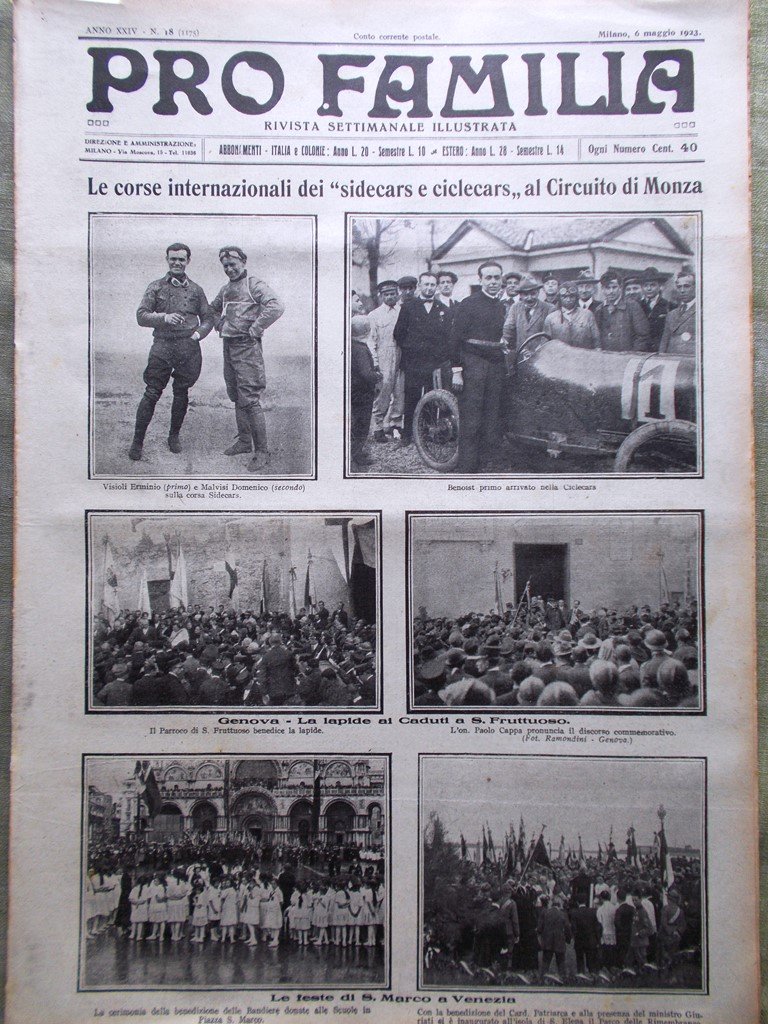 Pro Familia del 6 Maggio 1923 Corse Circuito Monza Duce …
