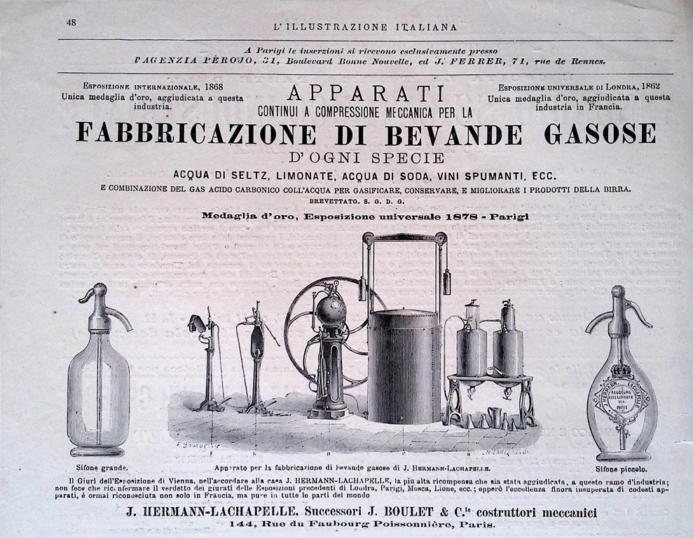 Pubblicità del 1880 Fabbricazione Bevande Gasose Apparati Lachapelle Hermann