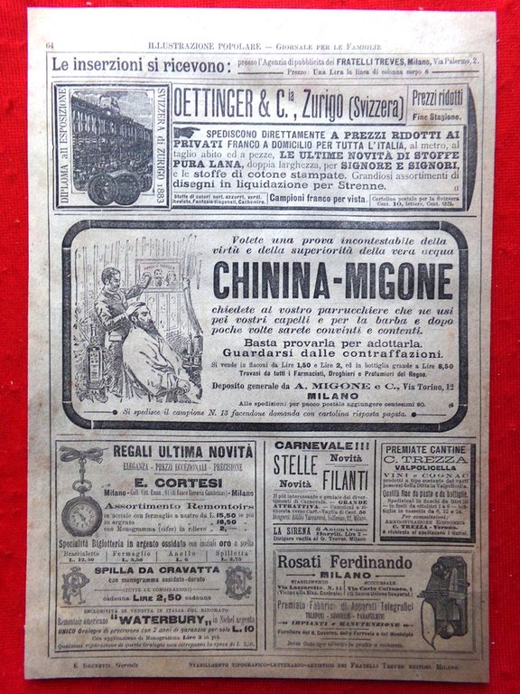 Pubblicità del 1894 Fernet-Branca Tanfani Pugni Oettinger Cortesi Rosati Chinina