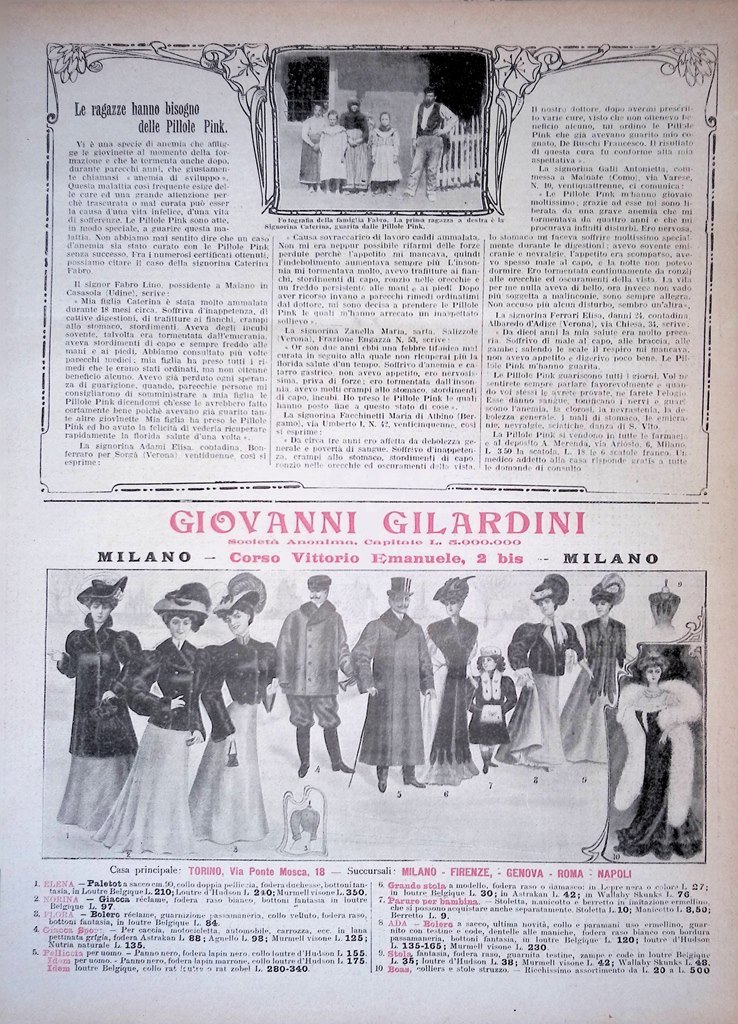 Pubblicità del 1907 Pillole Pink Moda Giovanni Gilardini Milano