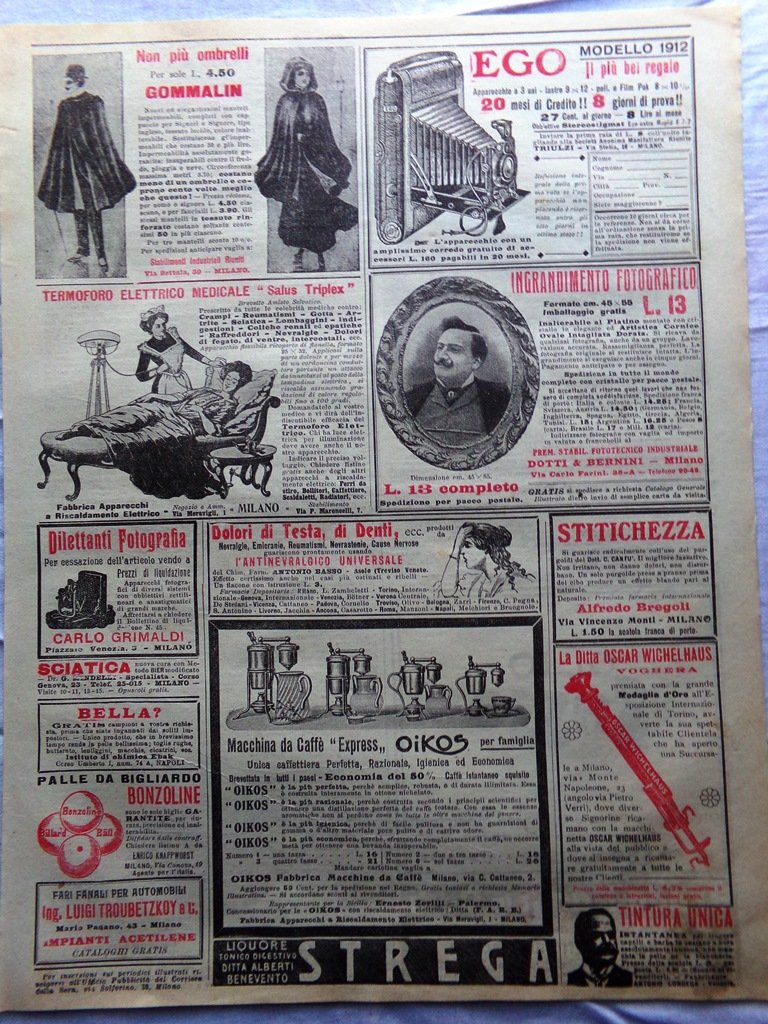 Pubblicità del 1912 Concordia Assicurazioni Gommalin Caffè Oikos Dotti Bernini