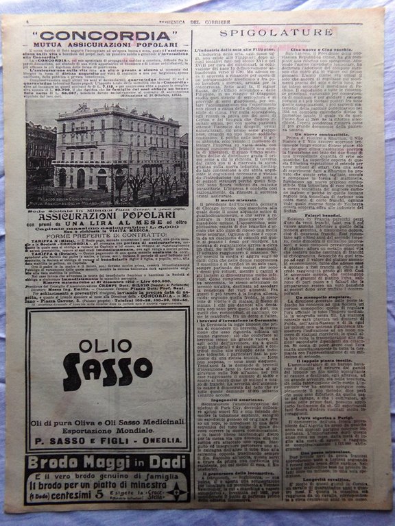 Pubblicità del 1912 Concordia Assicurazioni Gommalin Caffè Oikos Dotti Bernini