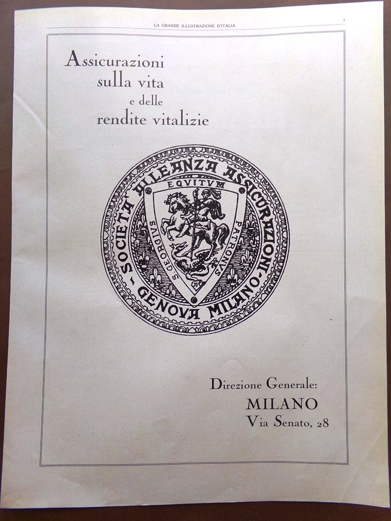 Pubblicità del 1925 Alleanza Assicurazioni Milano Aragozzini Taylor Radiatori