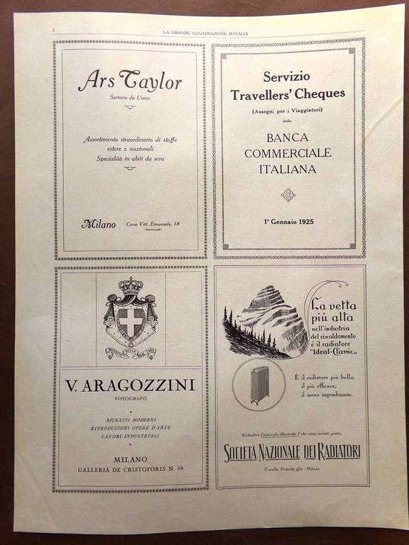 Pubblicità del 1925 Alleanza Assicurazioni Milano Aragozzini Taylor Radiatori