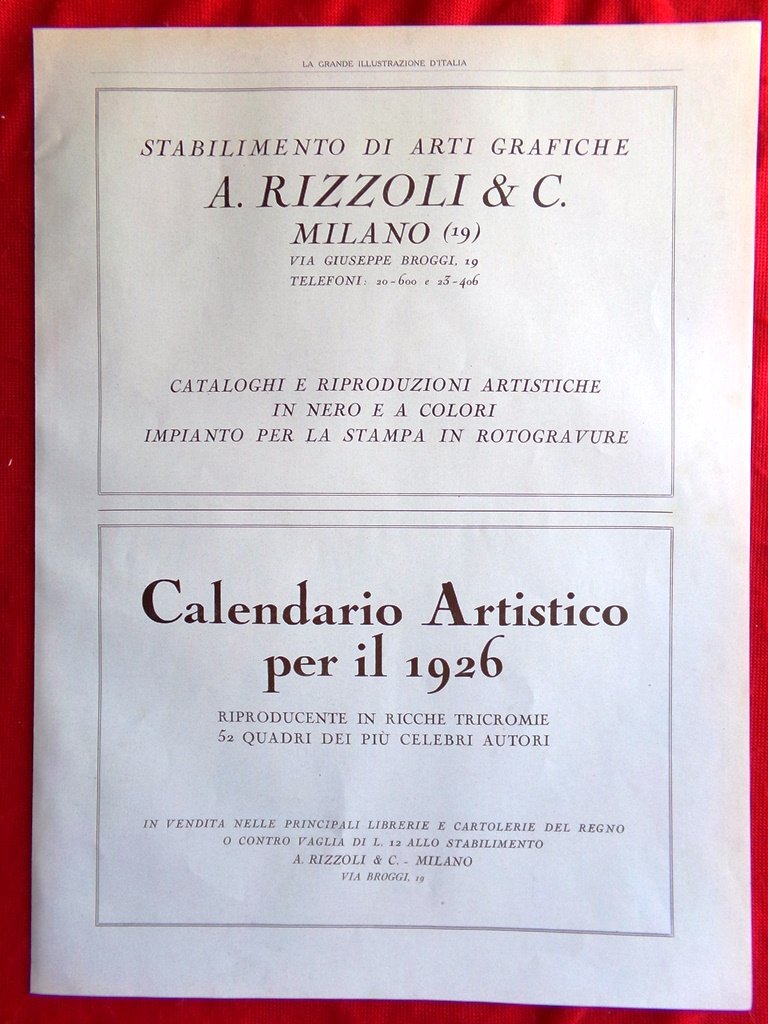 Pubblicità del 1925 Arti Grafiche Rizzoli Calendario Artistico Cerpelli Spezia