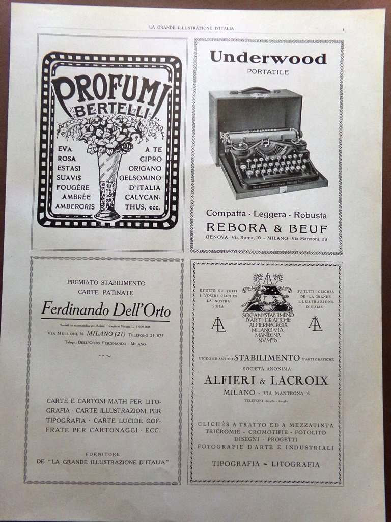 Pubblicità del 1925 Bertelli Underwood Alfieri Lacroix Dell'Orto Phonos Taylor