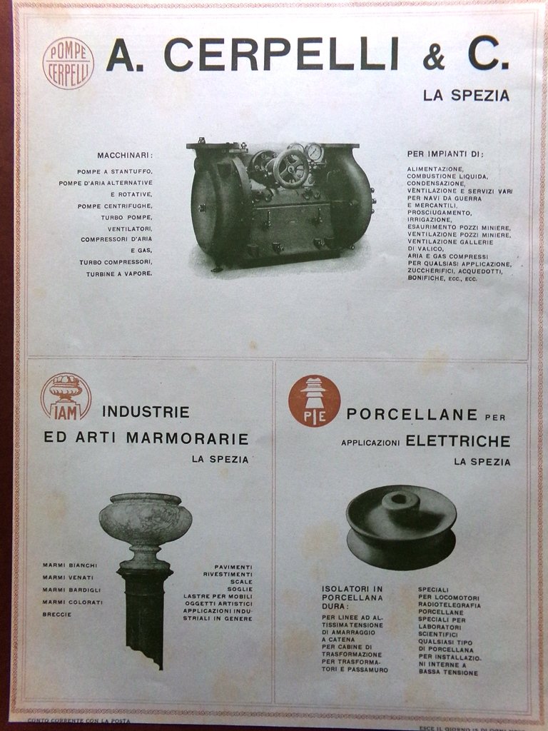 Pubblicità del 1925 Cerpelli Pompe Stantuffo Arti Marmorarie Porcellane Spezia