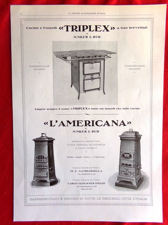 Pubblicità del 1925 Creazione Eco Bianchi Cucine Triplex L'Americana Junker …