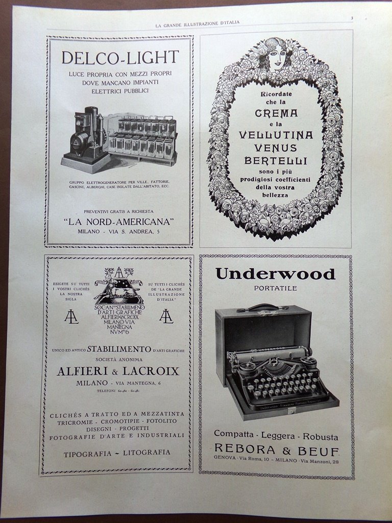 Pubblicità del 1925 Delco-light Underwood Bertelli Alfieri Officine Auto OM