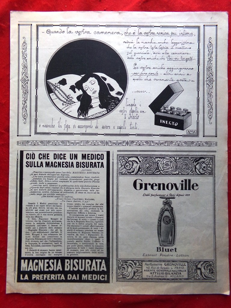 Pubblicità del 1925 Inecto Grenoville Magnesia Columbia Acqua Beatrice Ninon