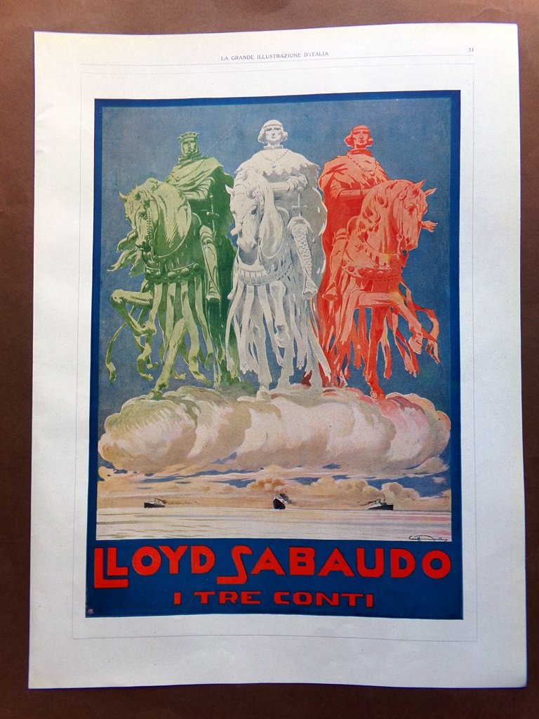 Pubblicità del 1925 Lloyd Sabaudo I tre Conti Alleanza Assicurazioni …