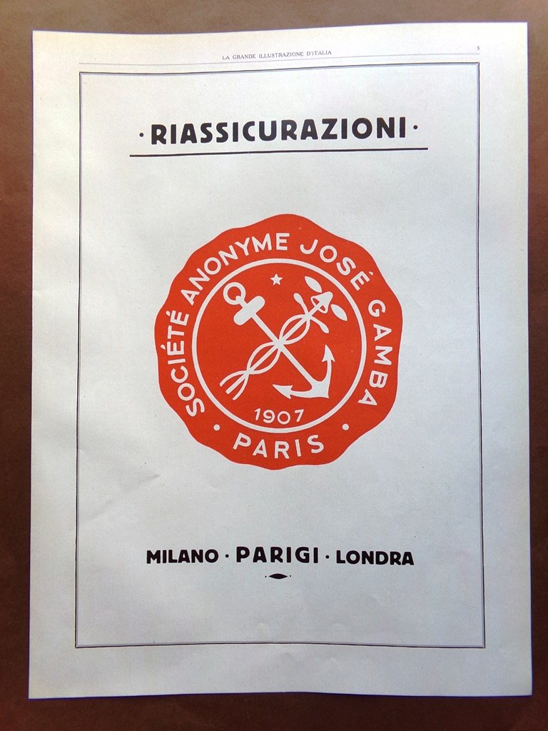 Pubblicità del 1925 Riassicurazioni José Gamba Transatlantico Roma Costruzione