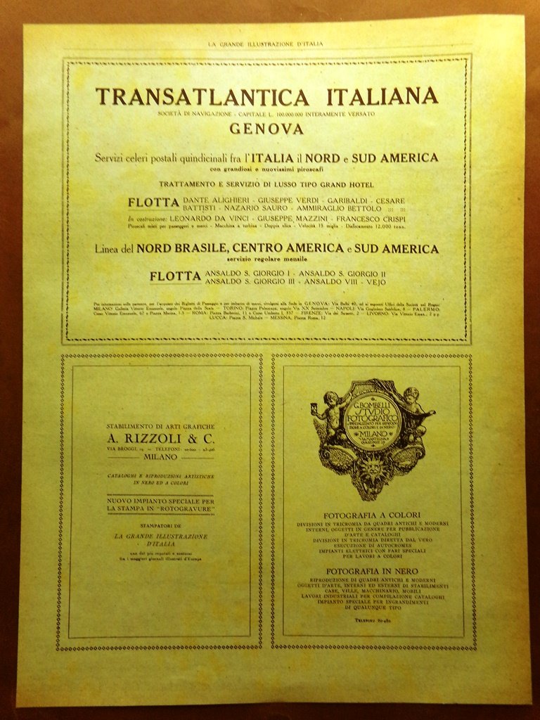 Pubblicità del 1925 Transatlantica Italiana Rizzoli Bombelli Cerpelli Macchinari