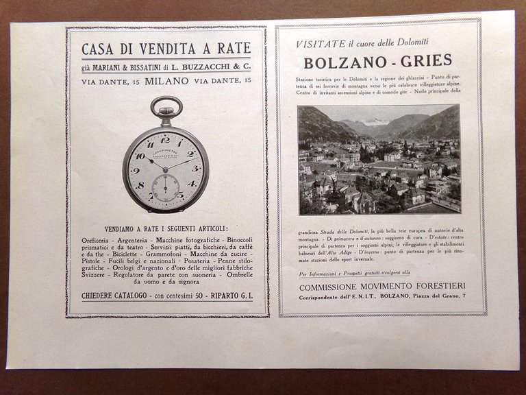 Pubblicità del 1925 Umbria Fiera Campionaria Milano Buzzacchi Bolzano Gries