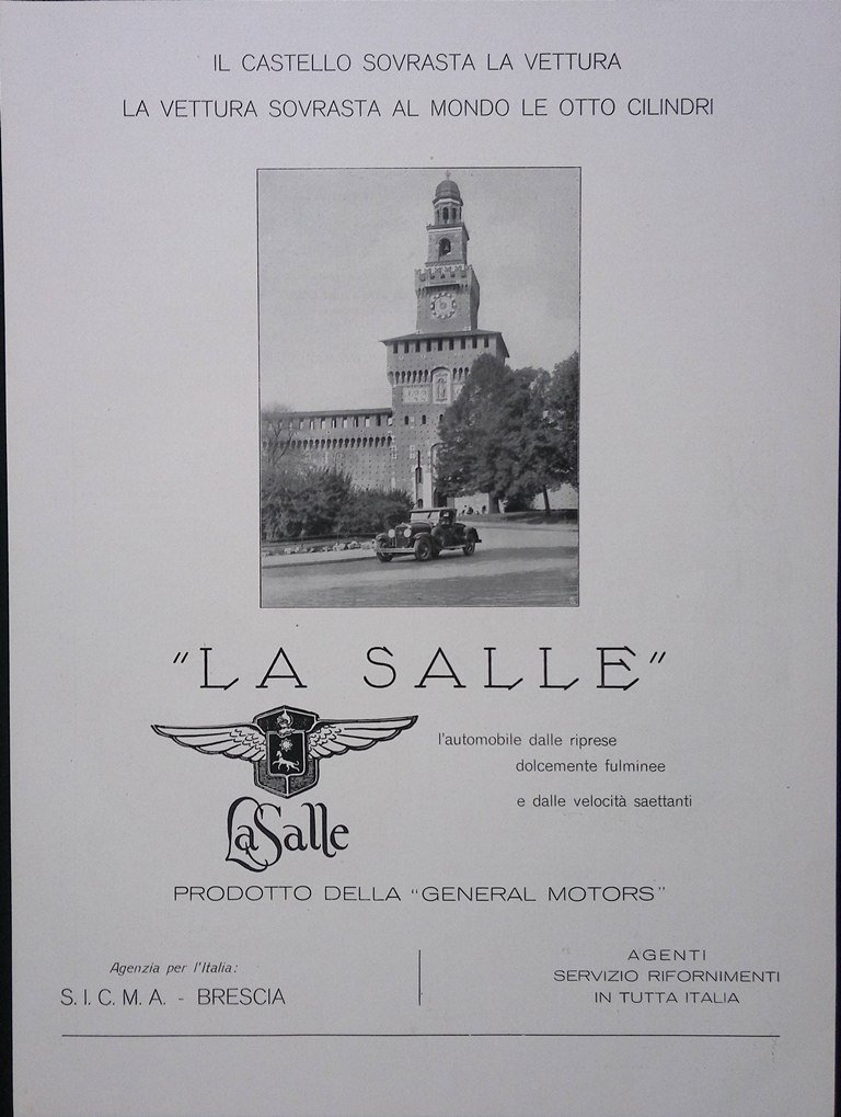 Pubblicità del 1927 La Salle General Motors Automobile Sicma Brescia