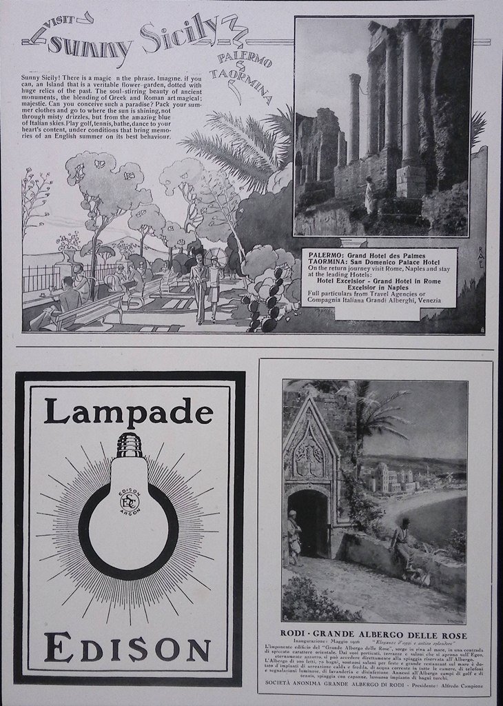 Pubblicità del 1927 Sunny Sicily Palermo Taormina Rodi Edison Indipendenza