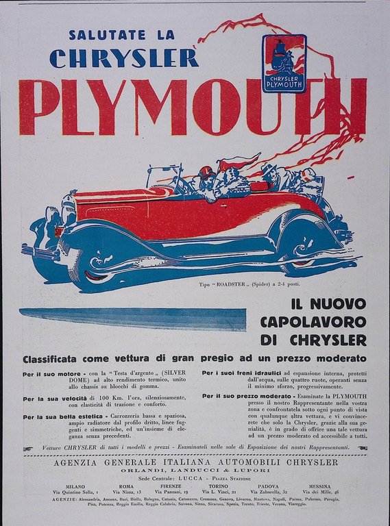 Pubblicità del 1928 Cacao Fernando Bonatti Chrysler Plymouth Automobile