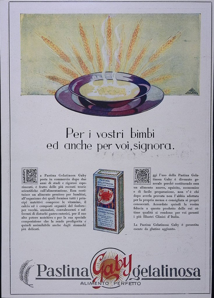 Pubblicità del 1928 Pastina Gaby Gelatinosa Cioccolato Fernando Bonatti
