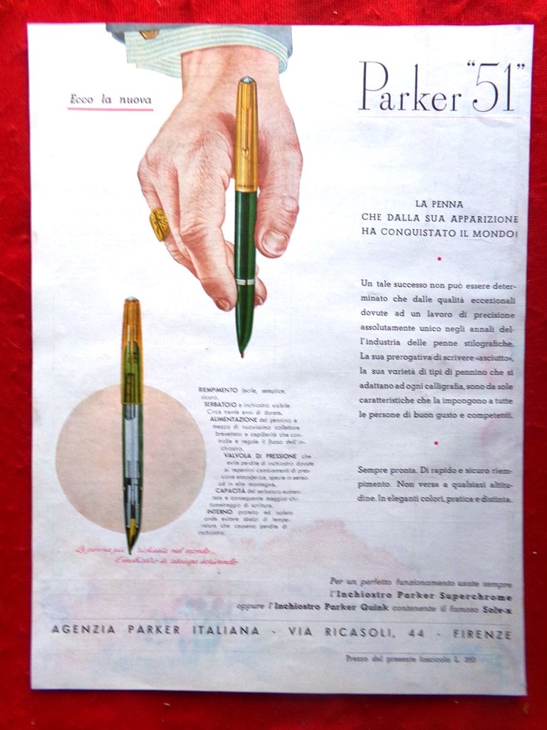 Pubblicità del 1950 Penna Parker 51 Agenzia di Firenze