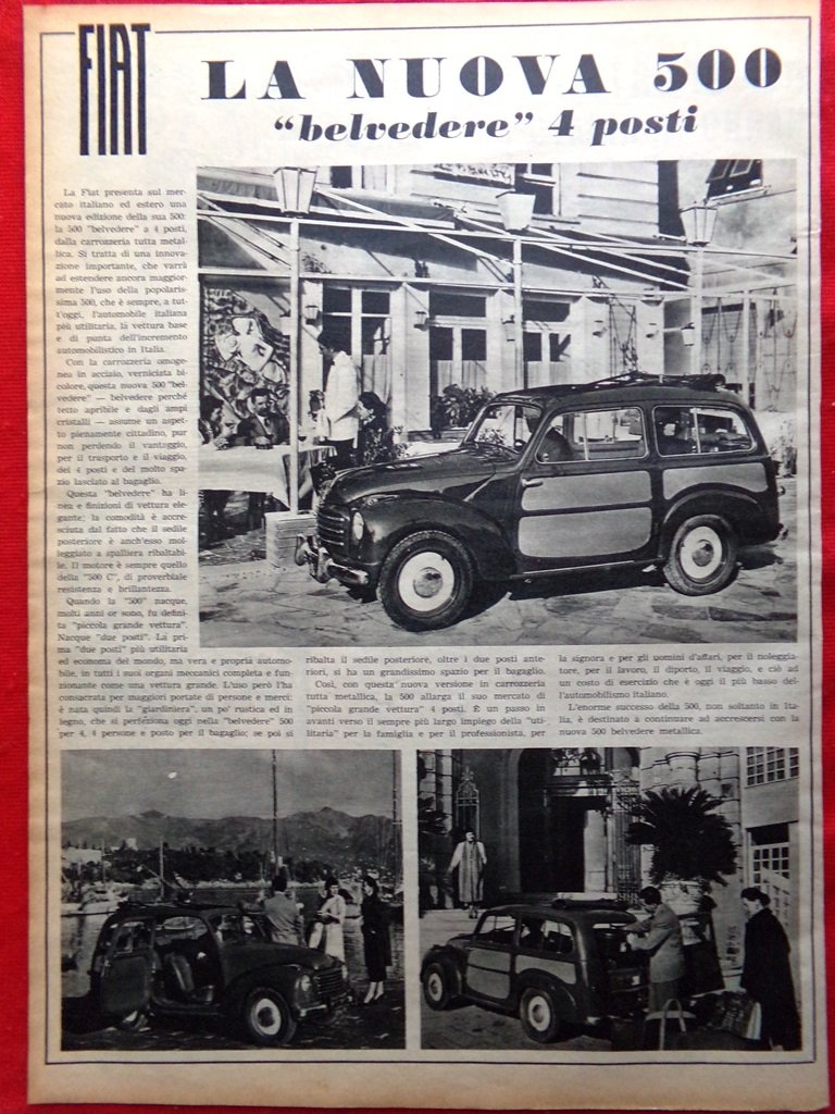 Pubblicità del 1952 La Nuova Fiat 500 Belvedere a 4 …