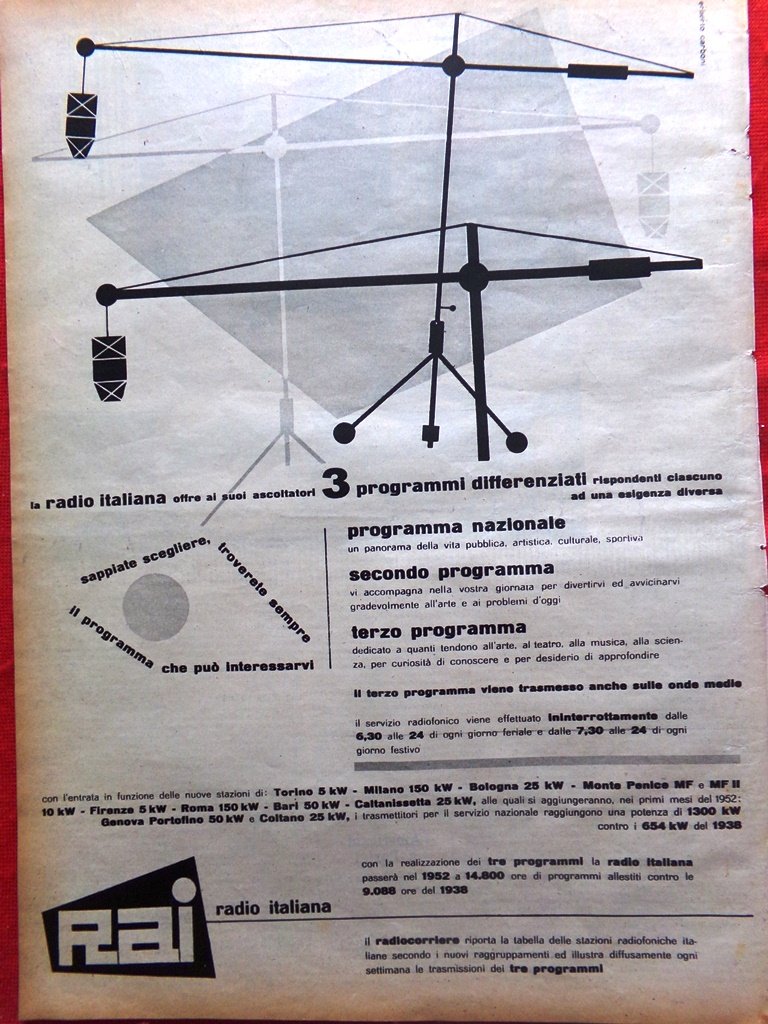 Pubblicità del 1952 Rai Radio Italiana Tre Programmi Differenti