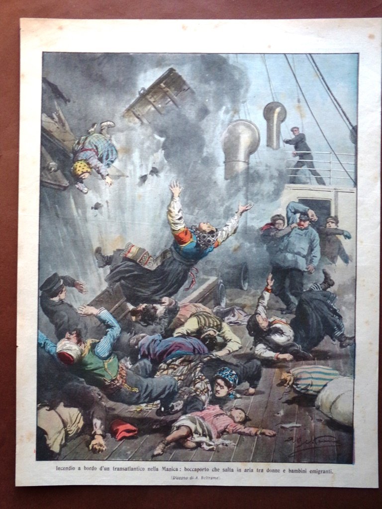 Retrocopertina Domenica Corriere nr. 16 del 1910 Incendio Transatlantico Manica