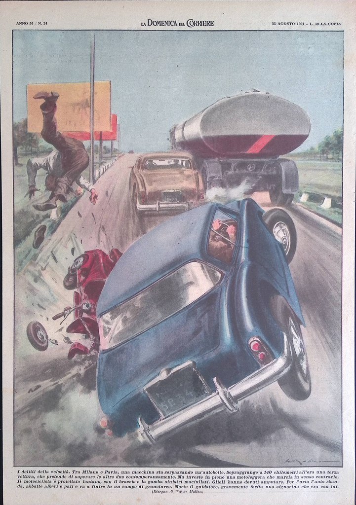 Retrocopertina Domenica del Corriere nr. 34 del 1954 Incidente Auto …