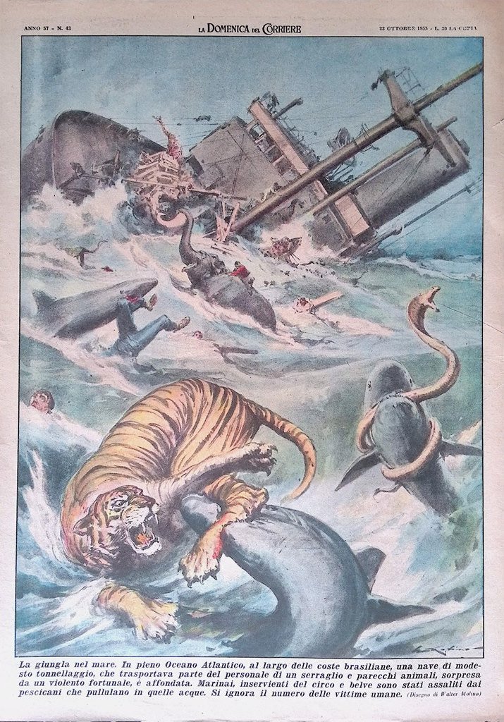 Retrocopertina Domenica del Corriere nr. 43 del 1955 Serraglio affonda …