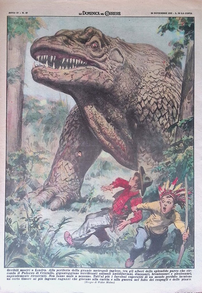 Retrocopertina Domenica del Corriere nr. 47 del 1955 Dinosauri Parco …