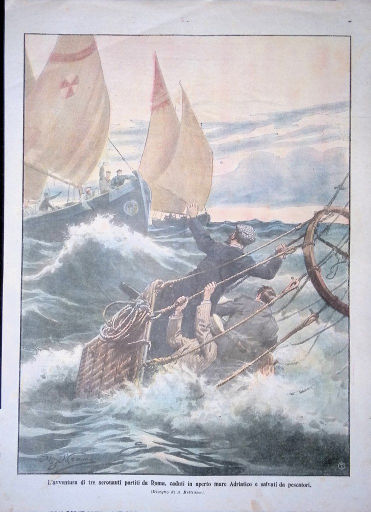 Retrocopertina Domenica del Corriere nr. 52 del 1907 Aeronauti Mare …