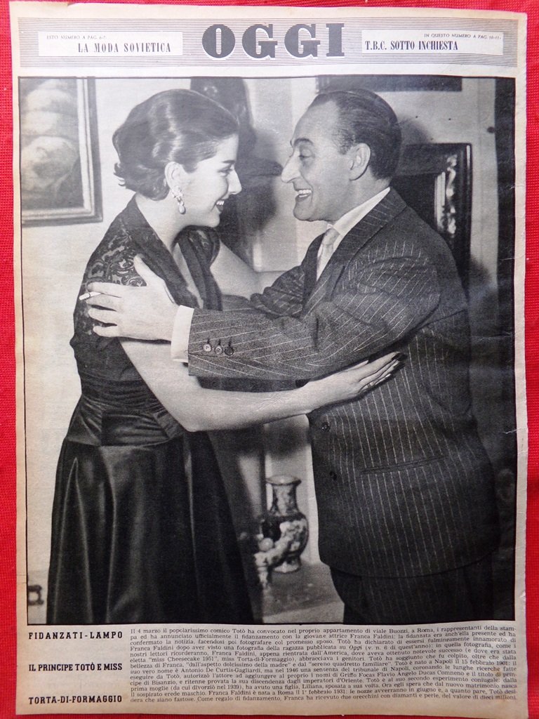 Retrocopertina Oggi nr. 11 del 1952 Totò Annuncia Fidanzamento Franca …