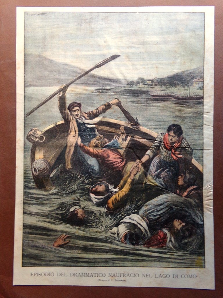 Retrocopertina Tribuna Illustrata nr. 7 del 1909 Naufragio nel Lago …